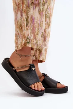 Damskie Zazoo 2896 Klapki Damskie Skórzane Czarne