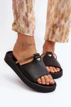 Damskie Zazoo 2896 Klapki Damskie Skórzane Czarne