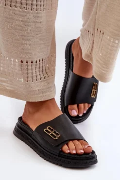 Damskie Zazoo 50101 Klapki Damskie Skórzane Na Platformie Czarne