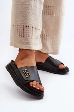 Damskie Zazoo 50101 Klapki Damskie Skórzane Na Platformie Czarne