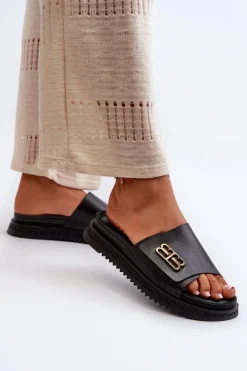 Damskie Zazoo 50101 Klapki Damskie Skórzane Na Platformie Czarne