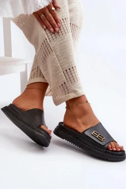 Damskie Zazoo 50101 Klapki Damskie Skórzane Na Platformie Czarne