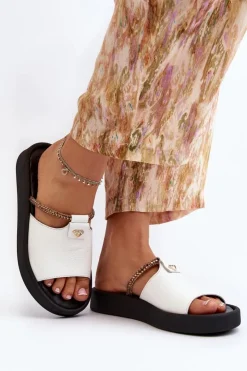 Damskie Zazoo 2896 Klapki Damskie Skórzane Białe