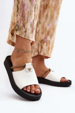 Damskie Zazoo 2896 Klapki Damskie Skórzane Białe