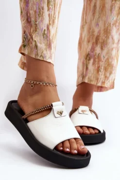 Damskie Zazoo 2896 Klapki Damskie Skórzane Białe