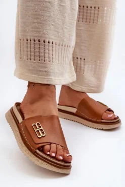 Zazoo Klapki Damskie Klasyczne*50101 Klapki Damskie Skórzane Na Platformie Brązowe