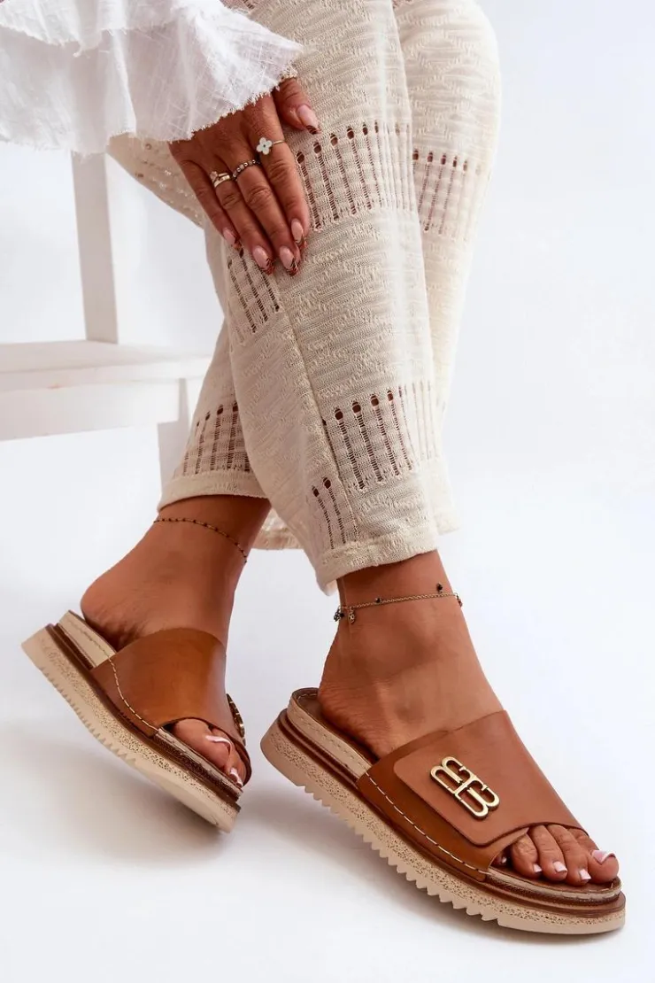 Zazoo Klapki Damskie Klasyczne*50101 Klapki Damskie Skórzane Na Platformie Brązowe