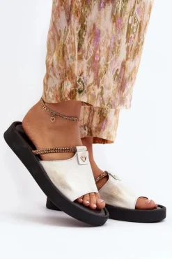 New Zazoo 2896 Klapki Damskie Skórzane Biało-Złote Biały