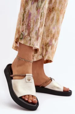 New Zazoo 2896 Klapki Damskie Skórzane Biało-Złote Biały