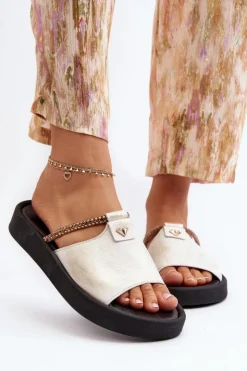 New Zazoo 2896 Klapki Damskie Skórzane Biało-Złote Biały