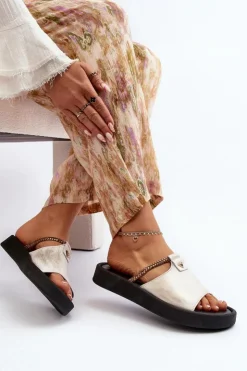 New Zazoo 2896 Klapki Damskie Skórzane Biało-Złote Biały