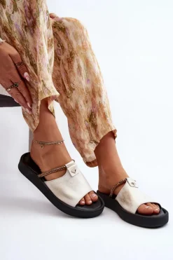 New Zazoo 2896 Klapki Damskie Skórzane Biało-Złote Biały