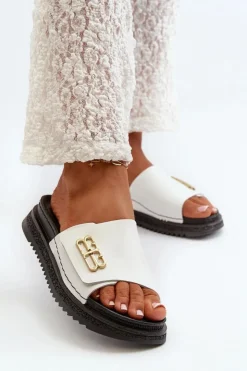 Best Zazoo 50101 Klapki Damskie Skórzane Na Platformie Białe