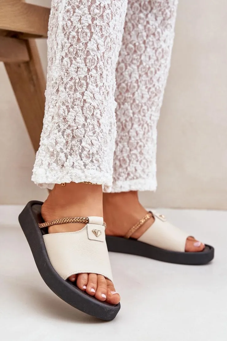 Online Zazoo 2896 Klapki Damskie Skórzane Beżowe