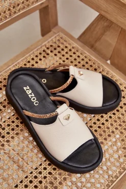 Online Zazoo 2896 Klapki Damskie Skórzane Beżowe