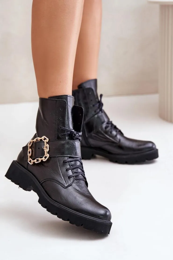 Zazoo Brązowe I Beżowe Botki|Botki Płaskie*2951 Lakierowane Botki Z Ozdobną Klamrą Czarne Czarny