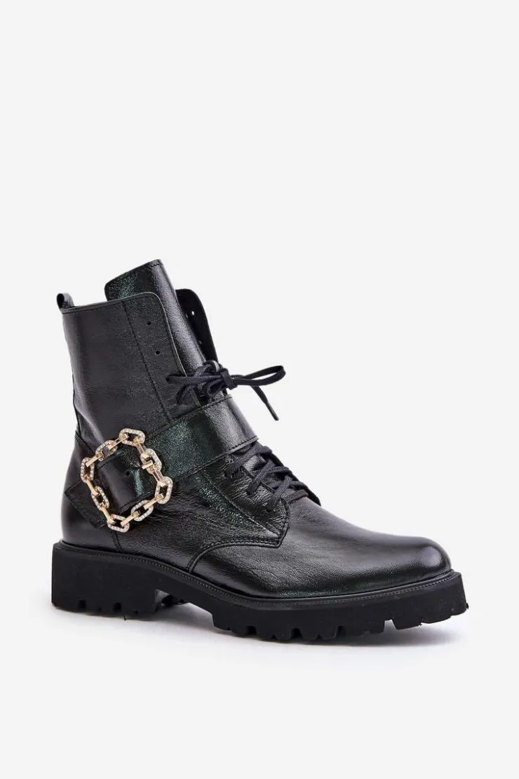 Zazoo Brązowe I Beżowe Botki|Botki Płaskie*2951 Lakierowane Botki Z Ozdobną Klamrą Czarne Czarny