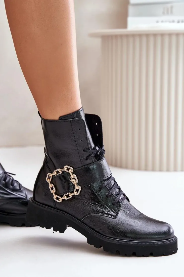 Zazoo Brązowe I Beżowe Botki|Botki Płaskie*2951 Lakierowane Botki Z Ozdobną Klamrą Czarne Czarny