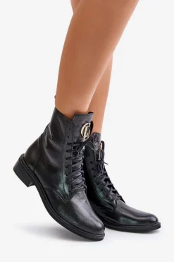 Damskie Zazoo 2955 Lakierowane Botki Workery Ze Złotym Detalem Na Języku Czarne