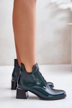 Zazoo Botki Zimowe Damskie|Botki Na Obcasie*60504 Lakierowane Botki Na Klocku Ocieplane Ciemnozielone