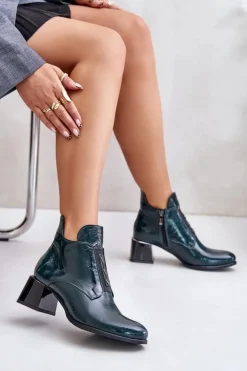 Zazoo Botki Zimowe Damskie|Botki Na Obcasie*60504 Lakierowane Botki Na Klocku Ocieplane Ciemnozielone