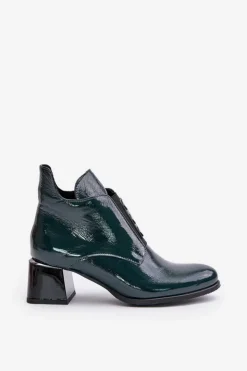 Zazoo Botki Zimowe Damskie|Botki Na Obcasie*60504 Lakierowane Botki Na Klocku Ocieplane Ciemnozielone
