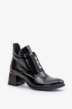 Damskie Zazoo 60504 Lakierowane Botki Na Klocku Ocieplane Czarne