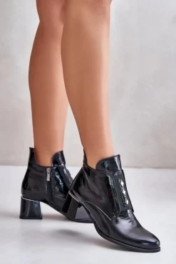 Damskie Zazoo 60504 Lakierowane Botki Na Klocku Ocieplane Czarne