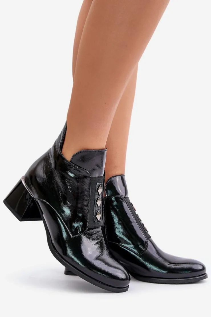 Damskie Zazoo 60504 Lakierowane Botki Na Klocku Ocieplane Czarne