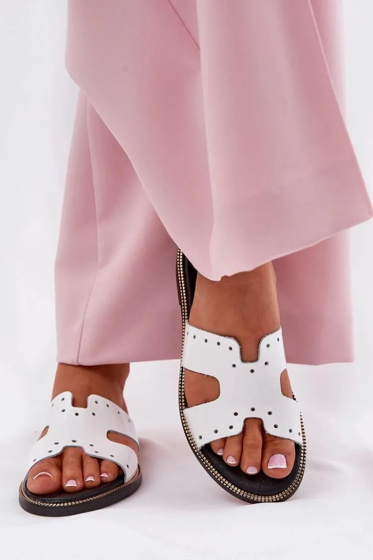 Damskie Zazoo 40326 Lakierowane Damskie Klapki Z Ozdobnymi Wycięciami Białe