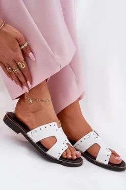 Damskie Zazoo 40326 Lakierowane Damskie Klapki Z Ozdobnymi Wycięciami Białe