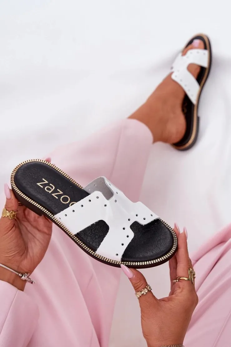 Damskie Zazoo 40326 Lakierowane Damskie Klapki Z Ozdobnymi Wycięciami Białe