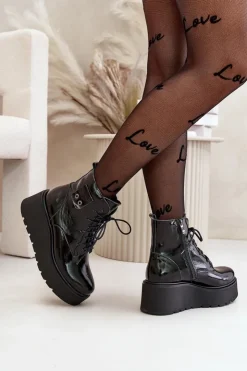 Best Zazoo 60499 Lakierowane Damskie Botki Na Platformie I Koturnie Ocieplane Skóra Naturalna Ciemnozielone