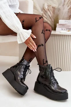 Best Zazoo 60499 Lakierowane Damskie Botki Na Platformie I Koturnie Ocieplane Skóra Naturalna Ciemnozielone