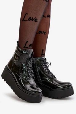 Best Zazoo 60499 Lakierowane Damskie Botki Na Platformie I Koturnie Ocieplane Skóra Naturalna Ciemnozielone