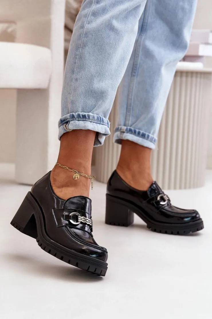 Best Zazoo 20175 Lakierowane Półbuty Damskie Na Słupku Skóra Naturalna Czarne Czarny