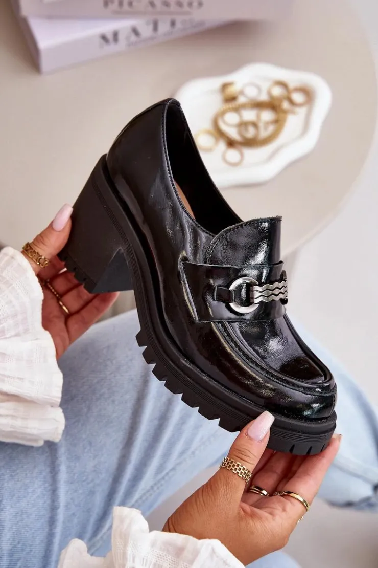 Best Zazoo 20175 Lakierowane Półbuty Damskie Na Słupku Skóra Naturalna Czarne Czarny