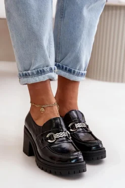 Best Zazoo 20175 Lakierowane Półbuty Damskie Na Słupku Skóra Naturalna Czarne Czarny