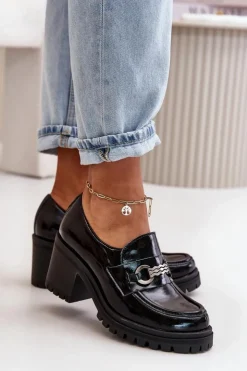 Best Zazoo 20175 Lakierowane Półbuty Damskie Na Słupku Skóra Naturalna Czarne Czarny