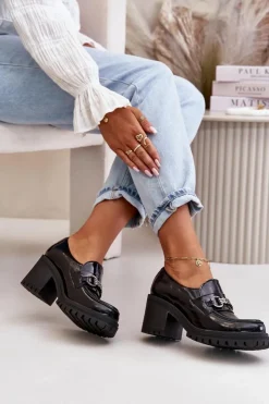 Best Zazoo 20175 Lakierowane Półbuty Damskie Na Słupku Skóra Naturalna Czarne Czarny