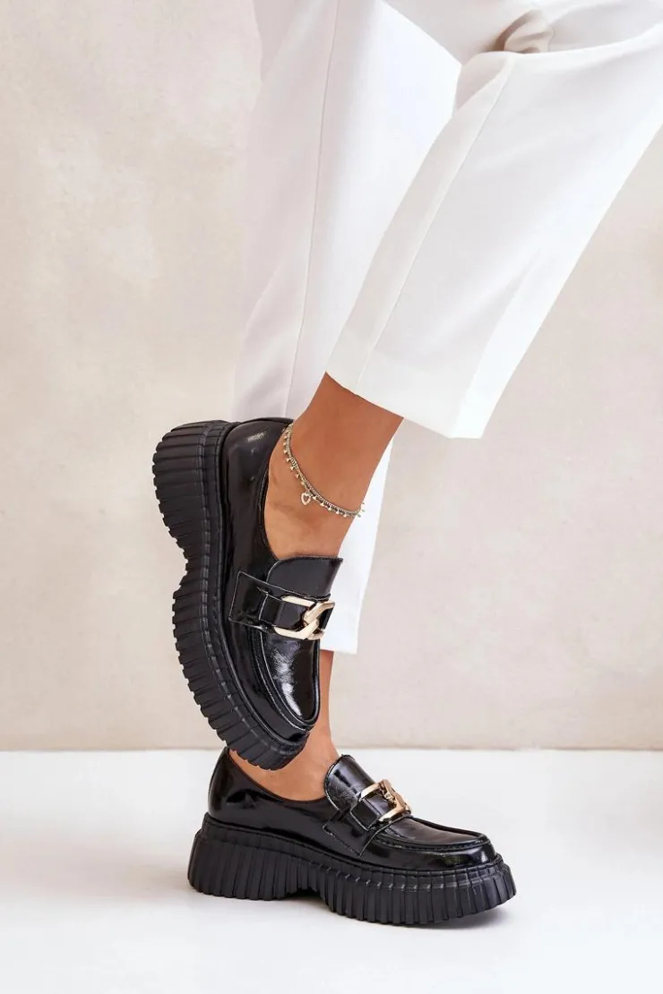 Zazoo Półbuty Skórzane|Mokasyny Damskie Lakierowane*20176 Lakierowane Półbuty Mokasyny Damskie Ze Skóry Naturalnej Czarne Czarny