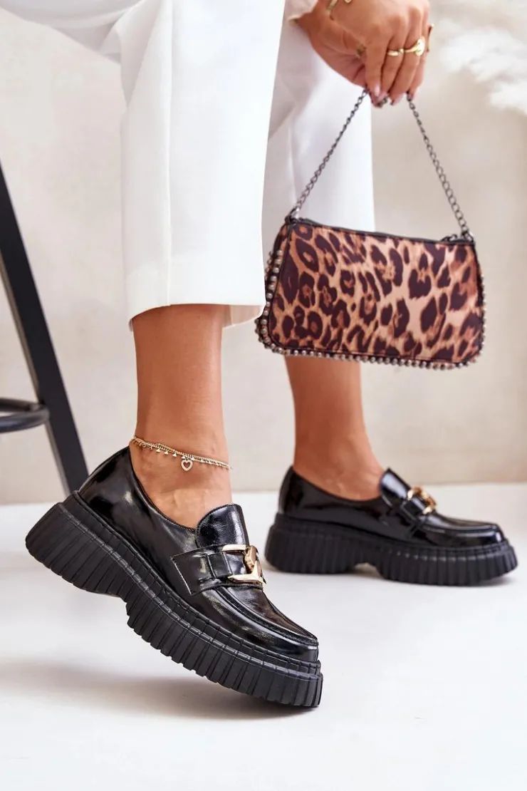 Zazoo Półbuty Skórzane|Mokasyny Damskie Lakierowane*20176 Lakierowane Półbuty Mokasyny Damskie Ze Skóry Naturalnej Czarne Czarny