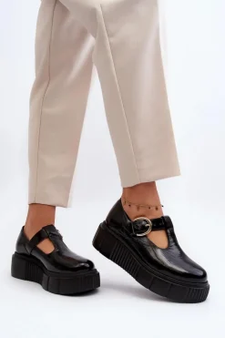 Outlet Zazoo 20102 Modne Lakierowane Półbuty Na Masywnej Platformie Czarne Czarny