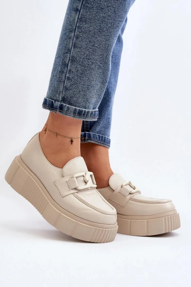 Damskie Zazoo 20101 Modne Skórzane Półbuty Na Platformie Jasnobeżowe