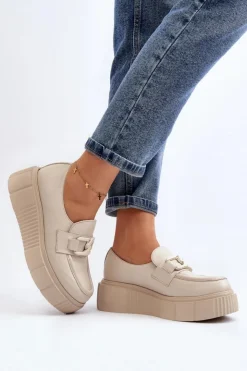 Damskie Zazoo 20101 Modne Skórzane Półbuty Na Platformie Jasnobeżowe