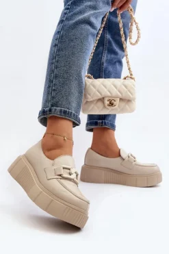 Damskie Zazoo 20101 Modne Skórzane Półbuty Na Platformie Jasnobeżowe