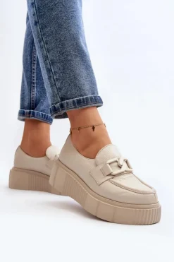 Damskie Zazoo 20101 Modne Skórzane Półbuty Na Platformie Jasnobeżowe