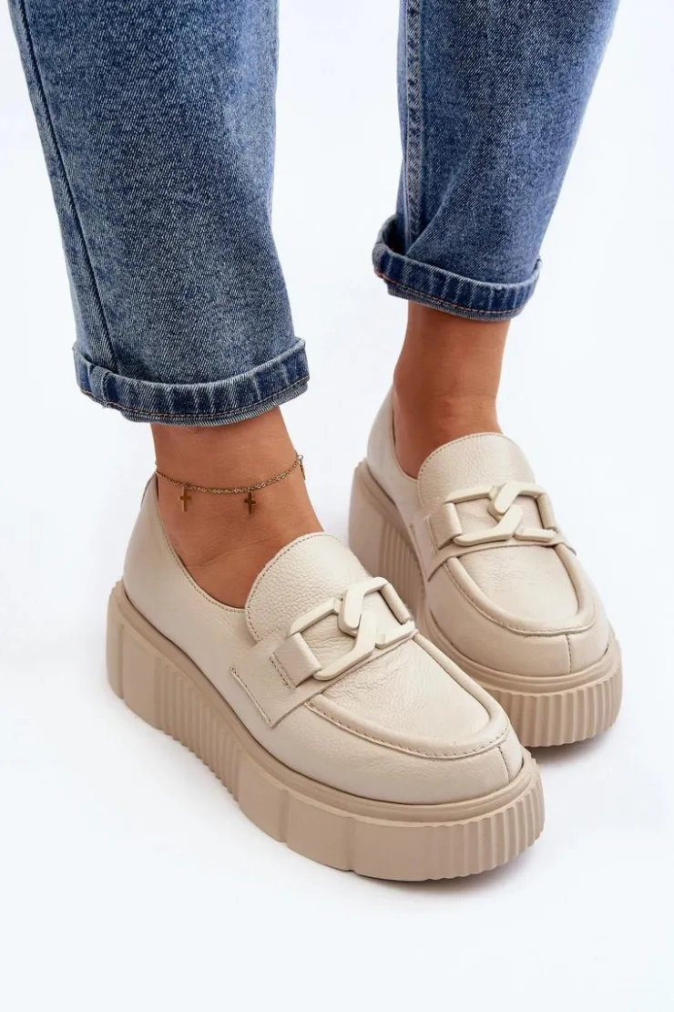 Damskie Zazoo 20101 Modne Skórzane Półbuty Na Platformie Jasnobeżowe