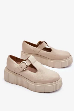 Outlet Zazoo 20102 Modne Skórzane Półbuty Na Masywnej Platformie Beżowe