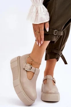 Outlet Zazoo 20102 Modne Skórzane Półbuty Na Masywnej Platformie Beżowe